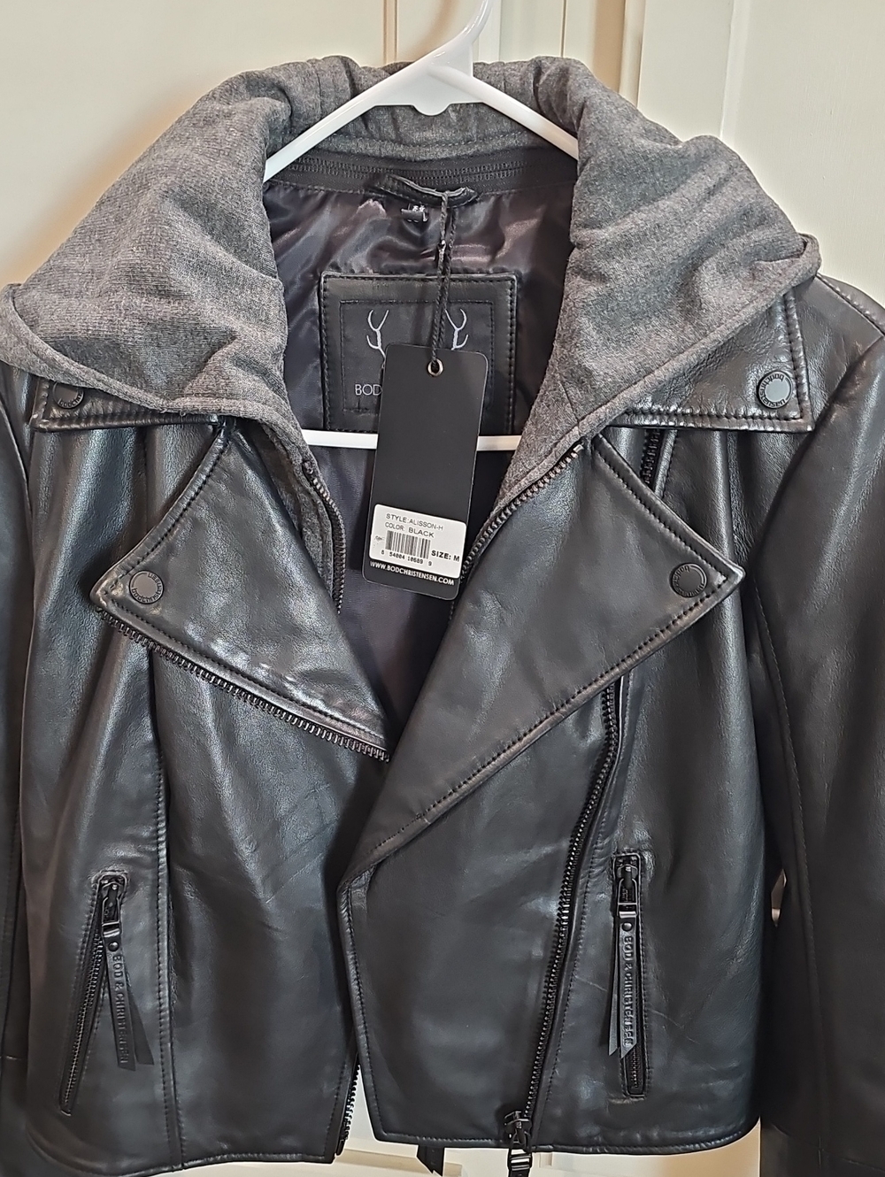 Womens Black Leather Moto Jacket with Grey Hood